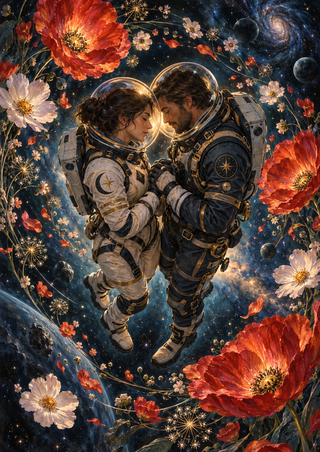 Two helmeted people in space suits float forehead to forehead among colorful flowers, stars and celestial forms.