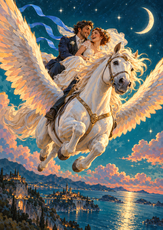 Smiling bride and groom riding a white winged horse beneath a crescent moon, with a blue ribbon streaming above a coastal town.