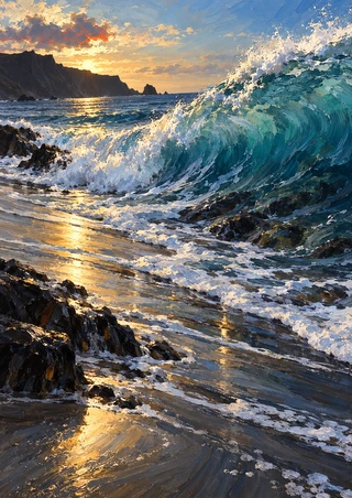Turquoise wave curling toward a rocky shore with white foam, reflective wet sand, a distant headland, and warm sunset light.