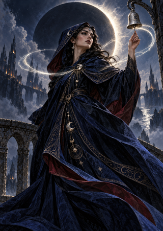 A cloaked woman reaches toward a suspended silver bell beneath an eclipsed moon, with curling pale light, a stone bridge and distant spires.
