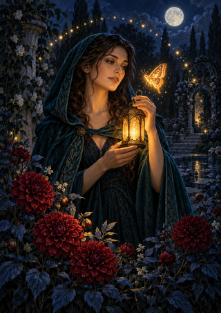 A hooded woman holds a glowing lantern as a luminous moth-like form hovers nearby in a moonlit garden filled with red flowers.