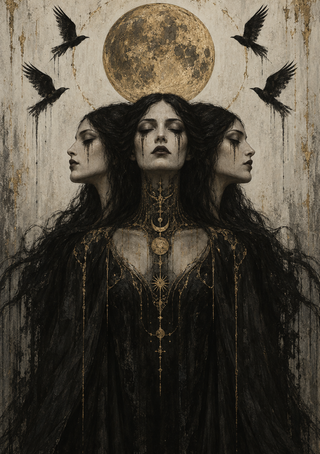 Three-faced dark-robed figure with gold-toned ornaments beneath a mottled moon-like disk, flanked by black birds.