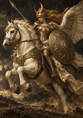 Winged woman in gold armor riding an airborne white horse with a long spear and ornate round shield.