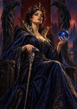 Crowned woman in a midnight-blue gown seated on a dark throne, holding a raven-headed staff and luminous blue orb, with tall feather forms at either side.