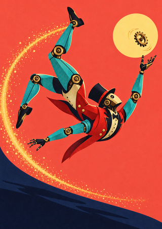 Mechanical acrobat in a red jacket and black top hat turns toward a brass gear as golden sparks arc across a coral background.