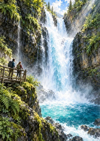 Tall waterfall plunges between green cliffs into a turquoise pool, with two people on a wooden footbridge at left.
