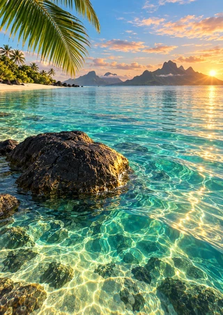 Turquoise tropical lagoon with a large dark foreground boulder, palm foliage, sandy shore, distant islands, and low sun.