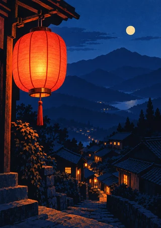 Glowing red-orange paper lantern hanging from a wooden eave above a dark blue mountain village, with a pale moon and amber-lit windows.