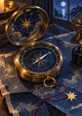 Open brass compass with a starry design inside its lid and pale needle, red cord leading to a gold star marker, candle, brass instruments, and moonlit window.