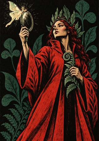 Red-haired woman in a crimson robe and leafy crown holding an oval mirror toward a pale moth, with a fern frond against dark foliage.