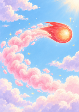Coral-red comet with a glowing golden core and curling pink cloud trail against a blue sky with pale clouds and starbursts.