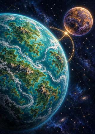 Large teal-green planet and smaller copper-violet world linked by a glowing golden arc and star against indigo space.