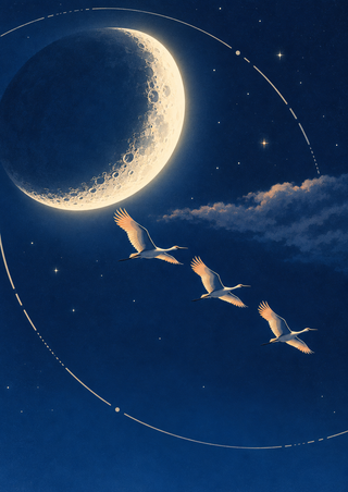 Large glowing cratered crescent moon above three birds in flight, surrounded by thin broken orbital arcs, stars and a faint cloud ribbon against a deep blue sky.