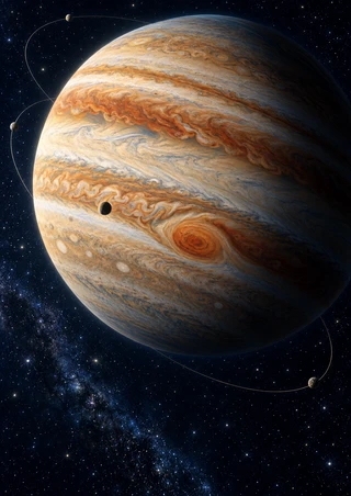 Large banded Jupiter with a prominent oval storm and a dark moon crossing in front, surrounded by faint orbital arcs, small satellites and stars.