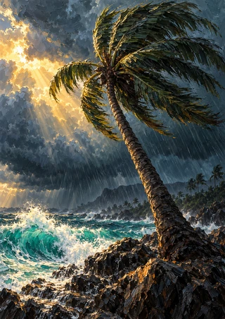 A large wind-bent palm over dark rocks and a turquoise wave beneath a stormy, rain-filled sky.