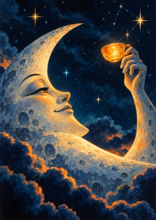 A large crescent moon with a serene human face raises a glowing amber cup beneath scattered stars and above orange-edged clouds.