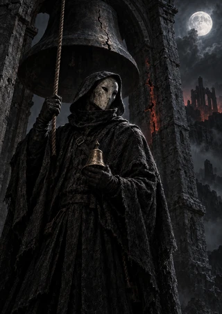 A hooded masked figure holds a rope and small bell beneath a large bell in a moonlit stone arch.