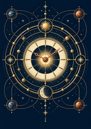 An ornate central clock with orbit rings, planet-like discs, stars, sun and moon motifs in gold and ivory on navy.