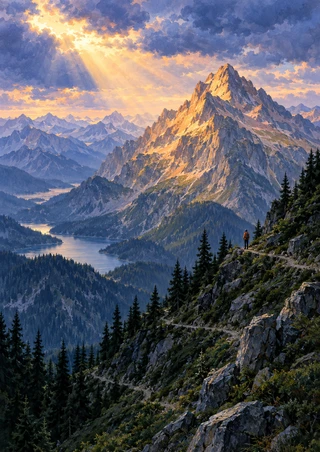 Golden-lit mountain peak above dark evergreen slopes and a broad valley lake or river, with a tiny orange-clad hiker on the right-hand slope.