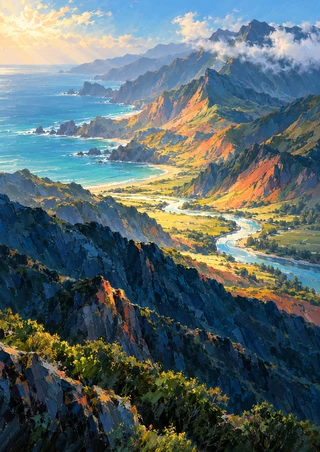 Elevated coastal mountain landscape with a dark blue foreground ridge, sunlit valley, winding water, turquoise sea, and layered peaks.