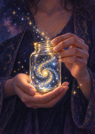 Two hands hold a glass jar filled with a glowing spiral of gold and blue stars against a dark purple background.