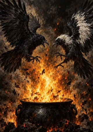 Two large ravens face inward above a dark cauldron framed by flames, smoke, and glowing embers.