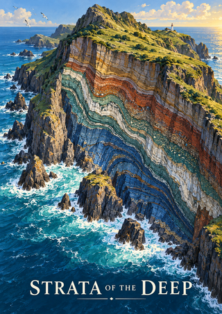 Rugged island with multicolored cliff strata surrounded by turquoise surf, with a small lighthouse, birds, and the title “STRATA OF THE DEEP.”
