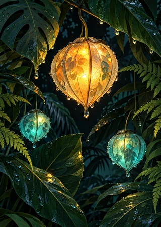 Large glowing amber ribbed pod with two smaller turquoise pods among wet tropical leaves and droplets.
