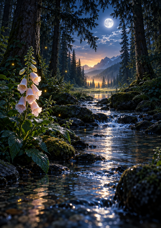 Moonlit forest stream flowing toward a glowing clearing, framed by dark spruce trees and pale flowers beneath a full moon.
