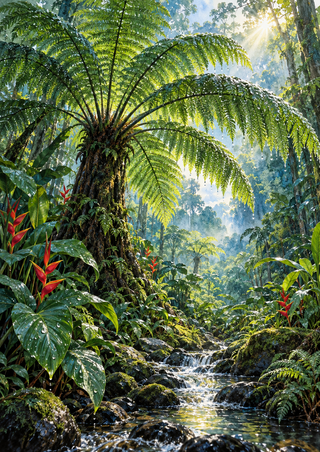 Large arching tree fern above a narrow rocky stream, surrounded by dense tropical foliage and red flower accents.