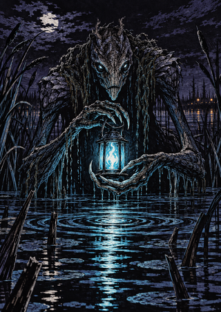 Woodcut-style marsh demon holding a glowing blue lantern above dark water, surrounded by reeds and ripples.
