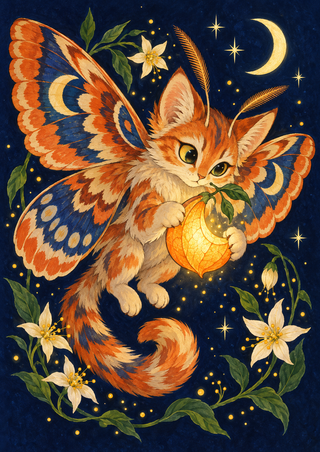Orange-and-cream feline moth creature with broad patterned wings holding a glowing golden fruit amid flowers and stars.