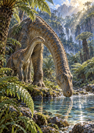 Adult long-necked prehistoric herbivore drinking from a clear pool while a smaller juvenile stands nearby in a lush fern landscape.