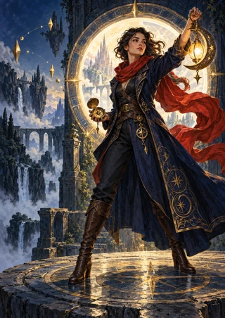 Full-length woman in a dark-blue coat and red scarf holds a compass and raised lantern before a glowing circular portal.