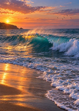 Turquoise wave curling at sunset with white foam on reflective wet sand, a dark headland at left, and small birds in the sky.
