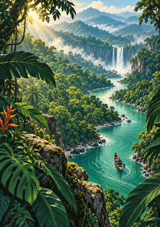 Winding turquoise river through dense rainforest toward a distant waterfall, framed by large leaves, with a small canoe carrying two people.