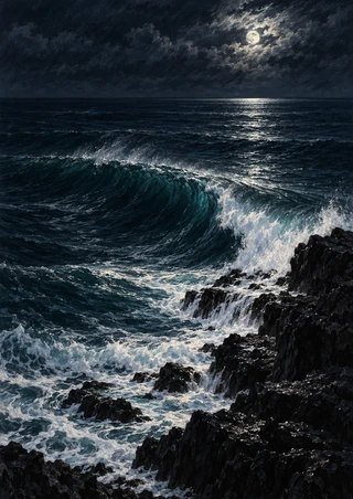 A large moonlit wave curls into white foam beside jagged dark rocks beneath clouds, with a small moon reflected on the water.