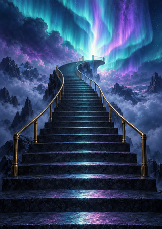 Dark stone steps with brass-toned rails curve toward a small platform beneath turquoise and violet aurora, clouds, and mountain peaks.