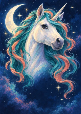 White unicorn head with a long spiral horn and flowing teal and coral mane, with a crescent moon and stars against an indigo sky.