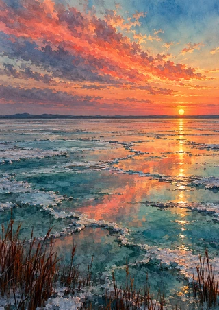 Low apricot sun setting over a reflective blue-green flat beneath coral and rose clouds, with dark reeds in the foreground.