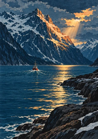Small red fishing boat on a deep-blue fjord beneath snow-streaked mountains, with warm light on a ridge and gold reflections on the water.