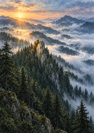 Forested mountain ridge with a pale rocky pinnacle above winding silver-blue mist and distant ridges at sunrise.