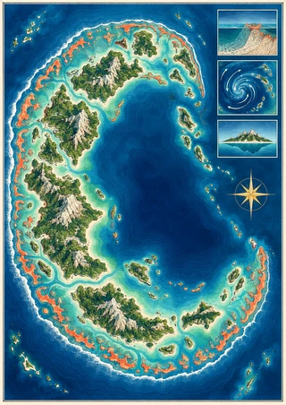 Overhead illustrated island chain and reefs surrounding a deep-blue lagoon, with three inset studies and a compass star on the right.