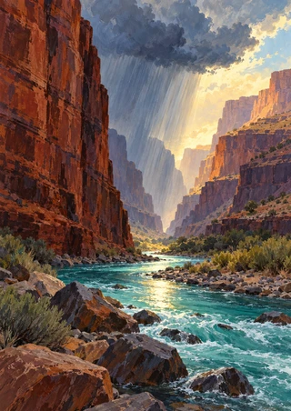 Turquoise river winding through a red-orange desert gorge beneath a storm cloud, rainfall, and a pale golden opening.