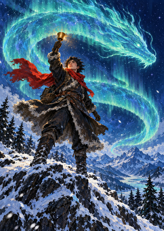 Bundled courier in a red scarf holding a bell aloft on a snowy ridge beneath a glowing turquoise serpent-shaped aurora.