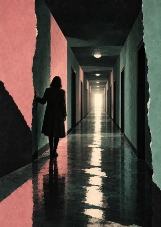 A dark-clothed adult seen from behind touches a corridor wall as doorways and floor reflections lead toward a bright vanishing point.