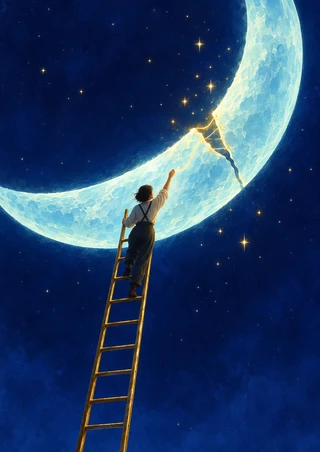 Small figure climbs a brass ladder toward a pale-cyan crescent moon with a glowing golden repair line against a starry cobalt sky.