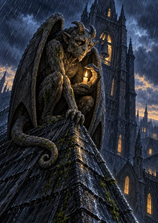 Horned stone gargoyle with folded wings shelters a small candle on a rainy rooftop before an illuminated Gothic tower.