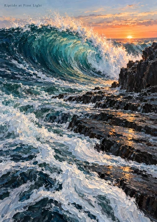 Breaking teal wave and white foreground foam beside dark rocks at sunrise, with the title Riptide at First Light in the upper-left sky.