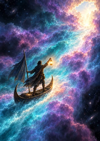 Cloaked figure raising an amber lantern from a crescent boat amid luminous turquoise, violet and rose cosmic clouds.